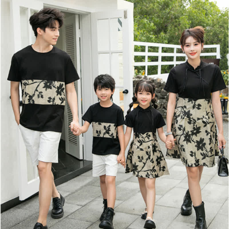 Family Matching Flower Black T-shirt Dress