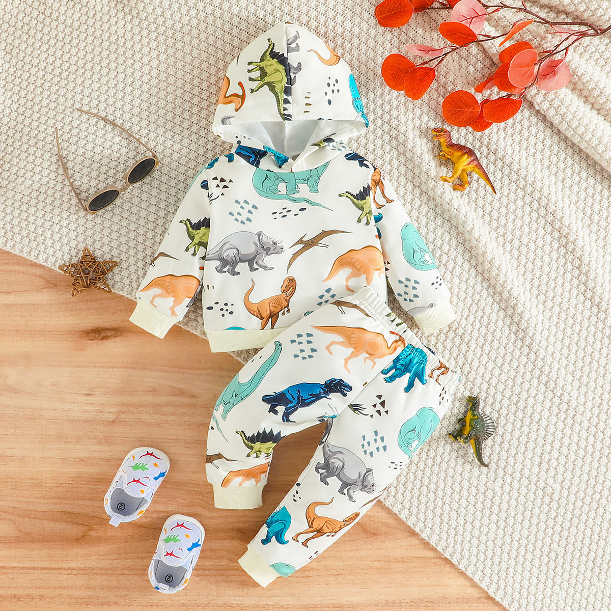 Baby Boy Multicolor Dino Hooded Set