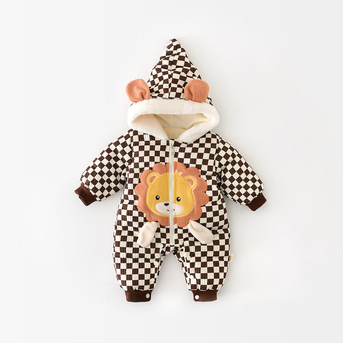 Baby Fleece Brown Plaid Lion Romper