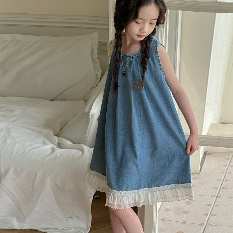 Kid Girl Sleeveless Lace Denim Dress