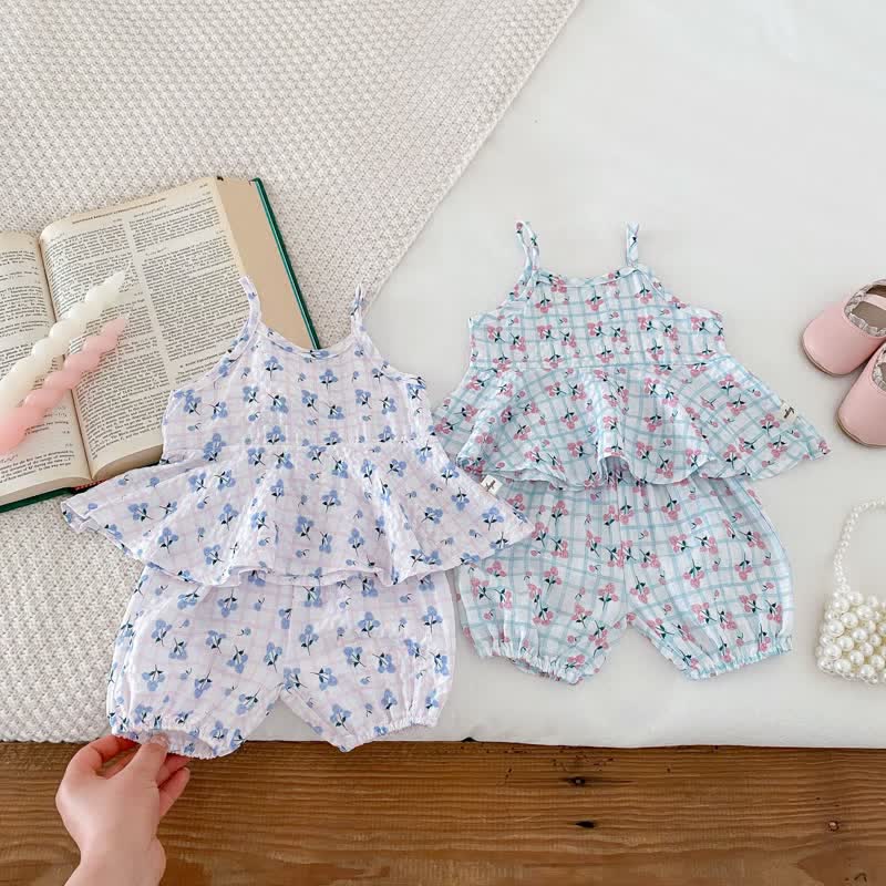 Baby 2-Piece Flower Plaid Suspenders Set