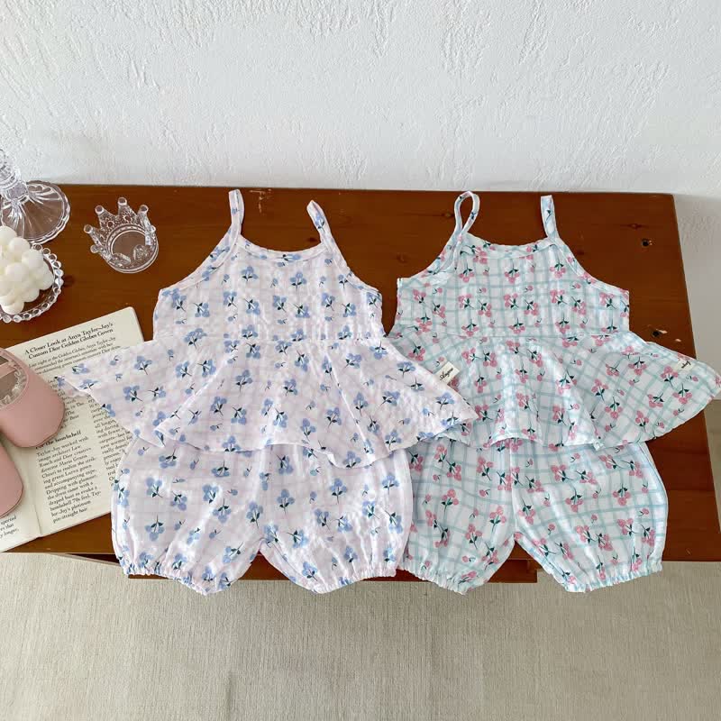 Baby 2-Piece Flower Plaid Suspenders Set