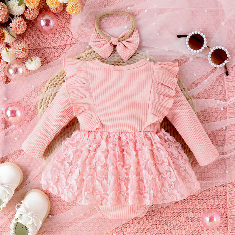 Baby Ruffled Bow Skirted Bodysuit with Headband