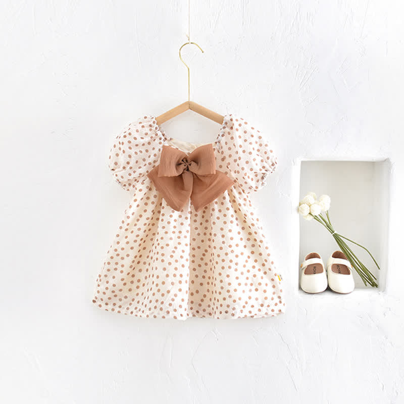 Toddler Girl Dots Bow Brown Dress