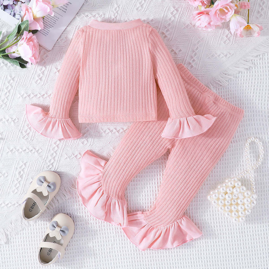 Baby Solid Color Pink Ribbed Set