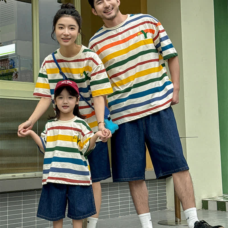 Family Matching Striped Denim T-shirt Shorts