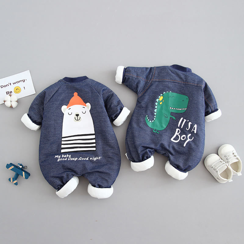 Baby Denim Slogan Animal Button Romper