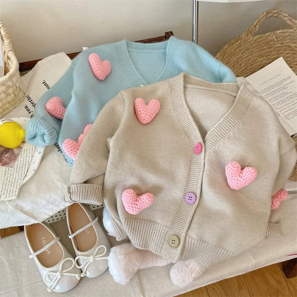 Knit Cotton Cardigan with Hearts