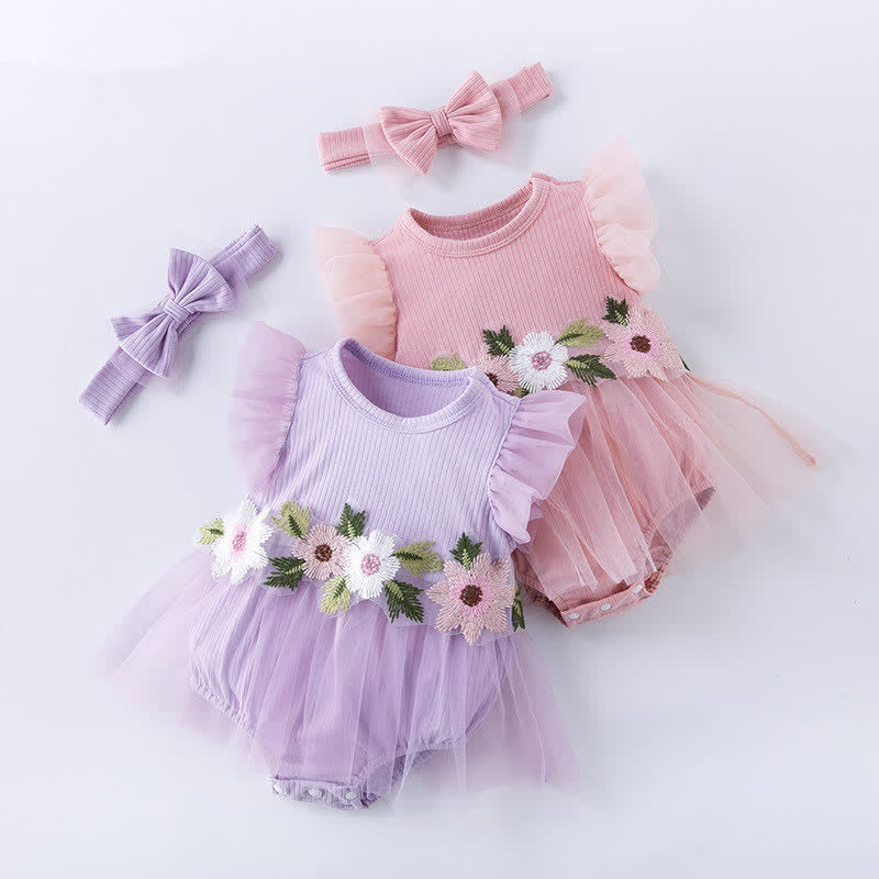 Baby Flower Skirted Bodysuit with Headband