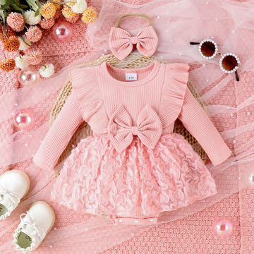 Baby Ruffled Bow Skirted Bodysuit with Headband