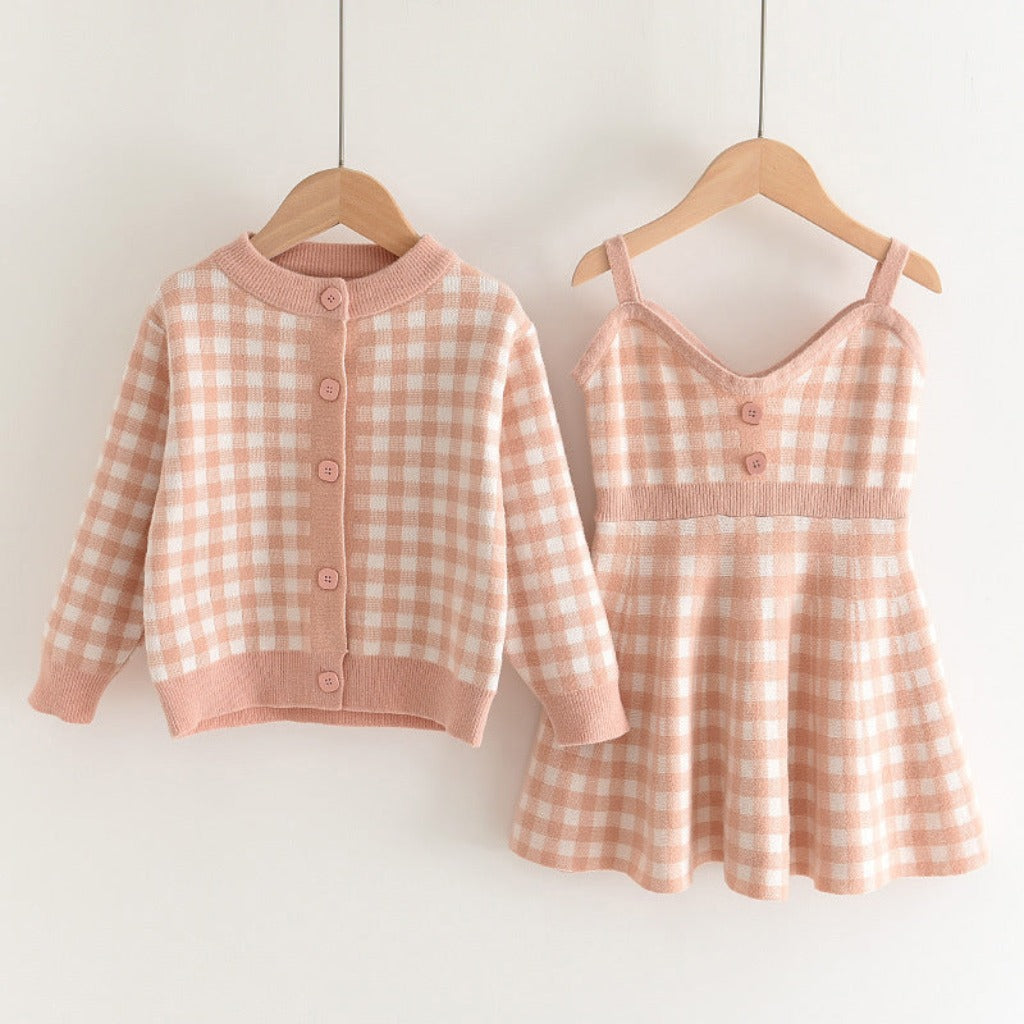 Girls' Checkered Dress and Cardigan