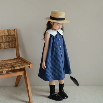 Kid Girl Contrast Lapel Dark Stripe Dress