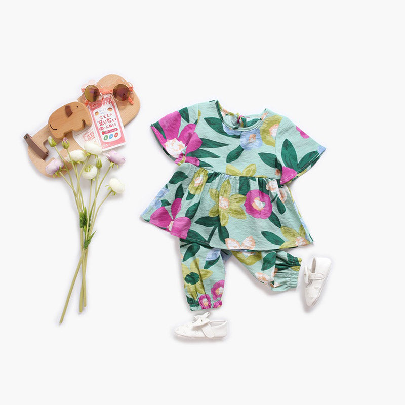 Baby Floral Green Dress & Pants Set