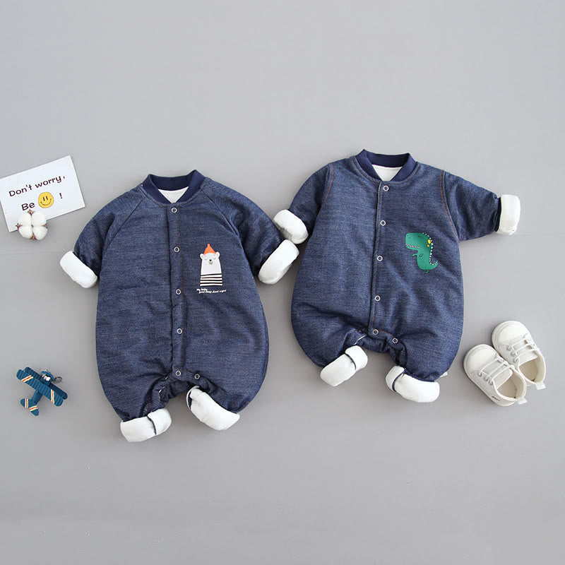 Baby Denim Slogan Animal Button Romper