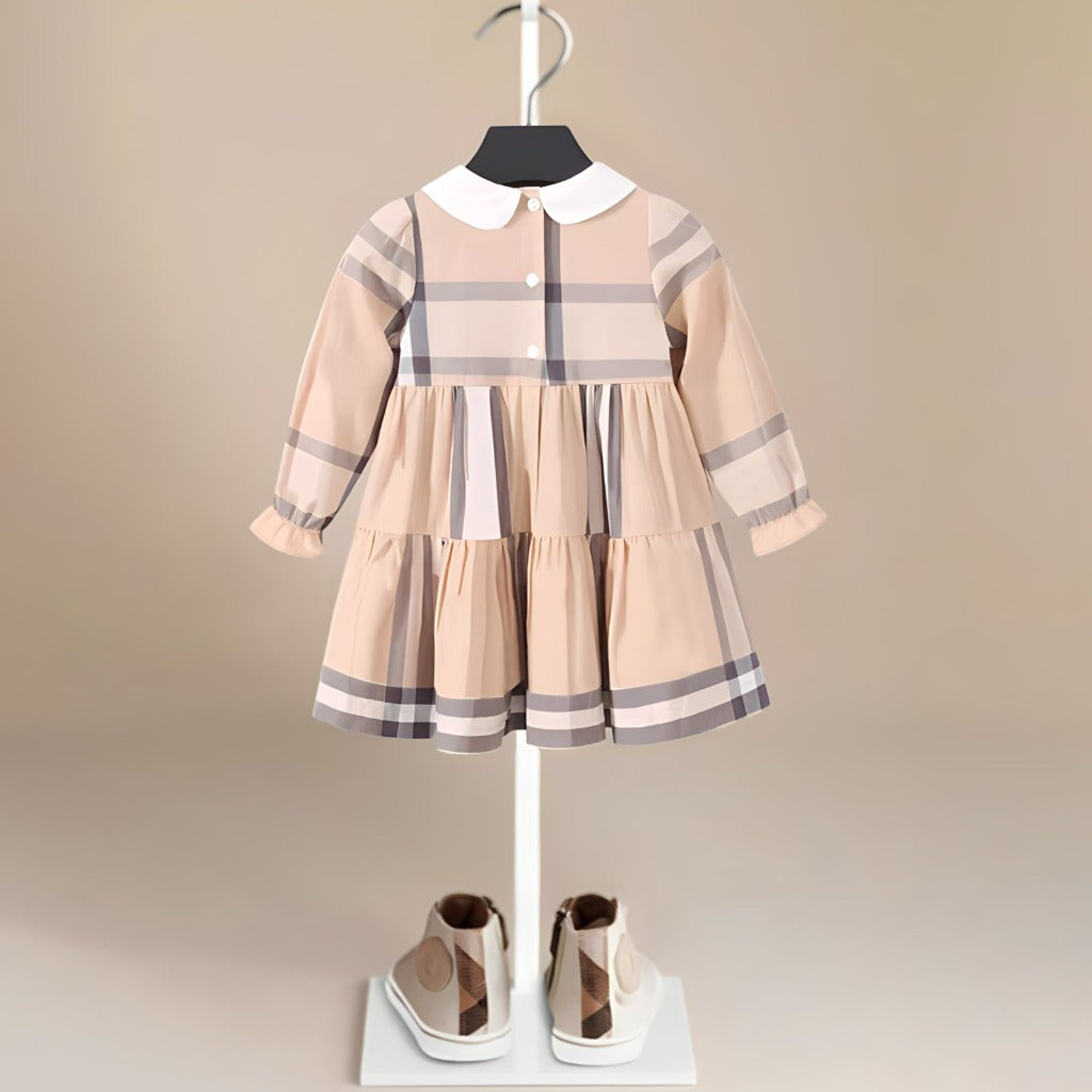 Vintage Breathable Beige Plaid Girls' Dress