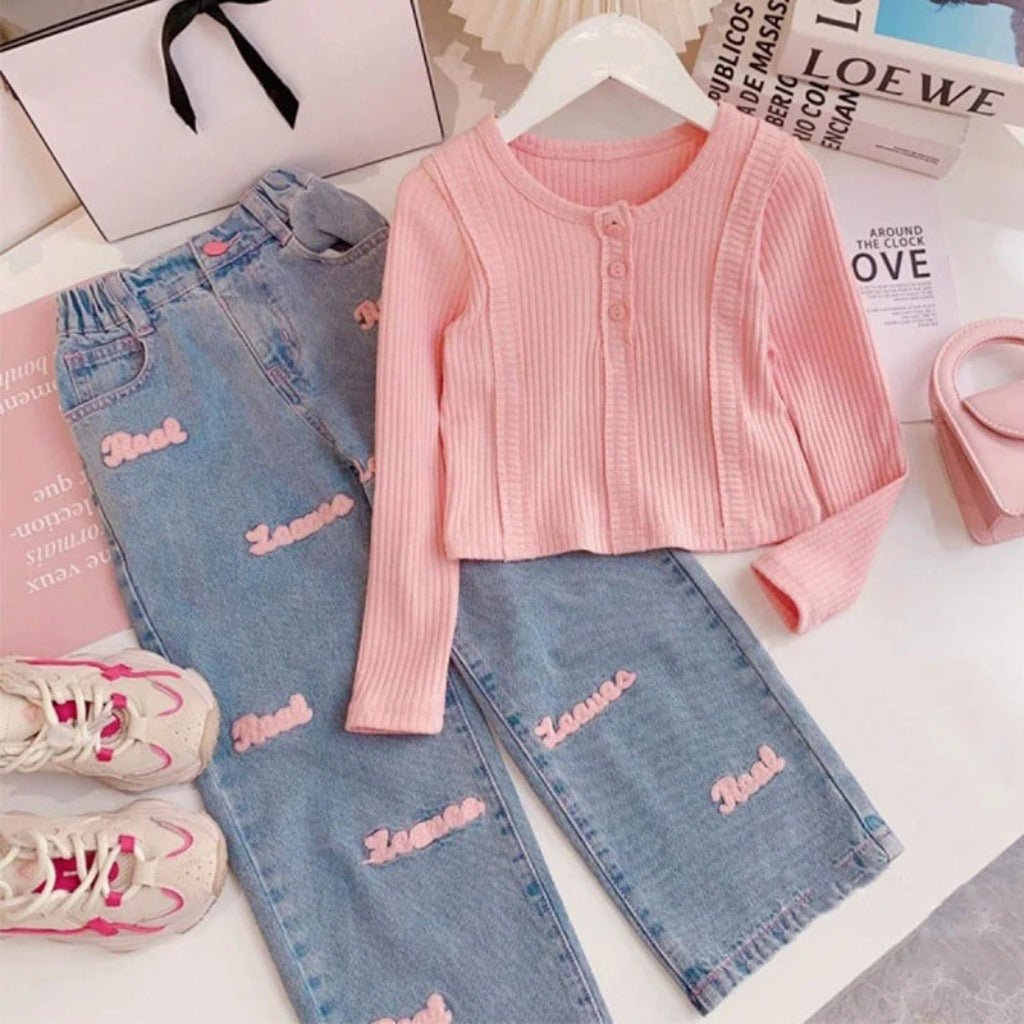 Girls' Denim Pants and Pink Top Set