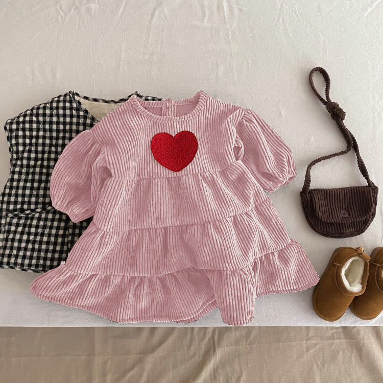 Baby Toddler Girl Towel Embroidery Heart Corduroy Dress