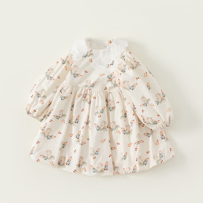 Toddler Girl Retro Bunny Lace Lapel Collar Dress