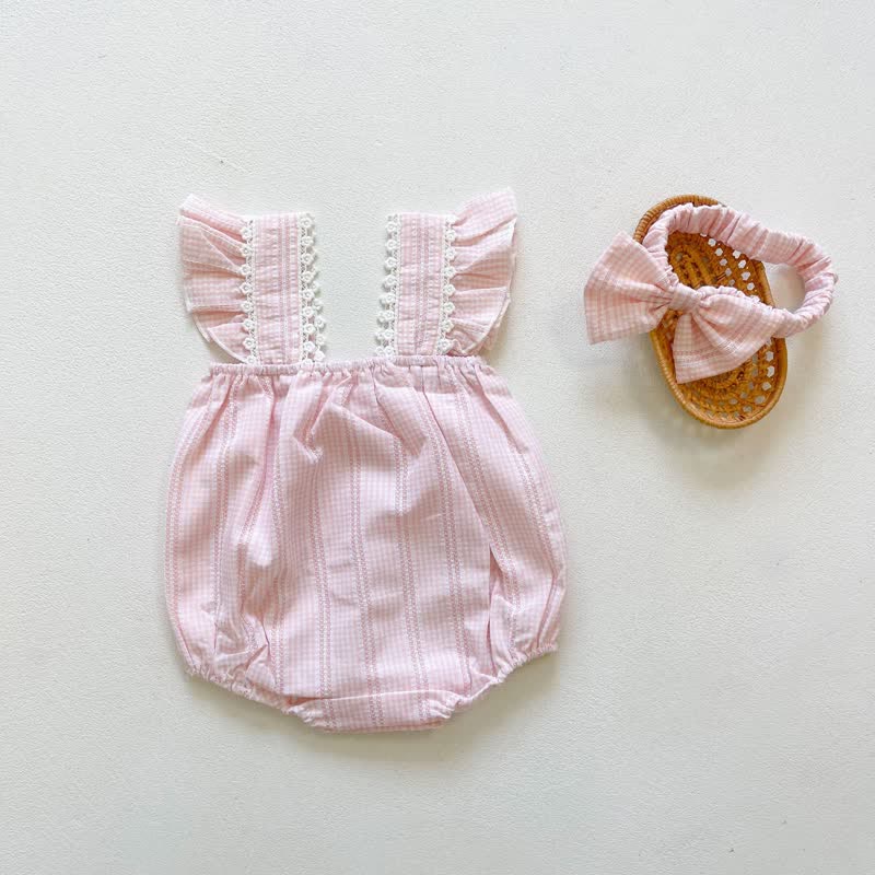 Baby Flower Plaid Ruffled Overalls with Headband