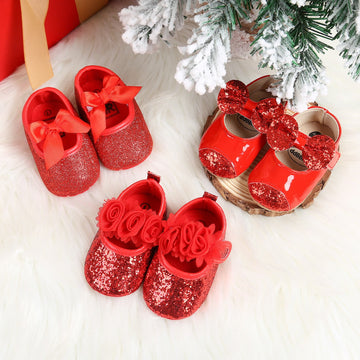 Baby Christmas Lace Bowknot Flower Princess Shoes