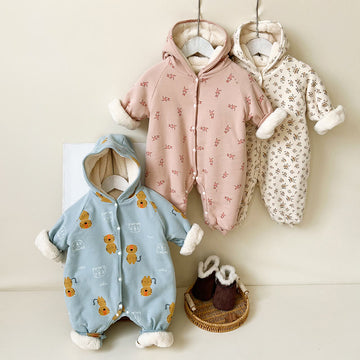 Baby Flower Animal Fleece Lined Hooded Romper