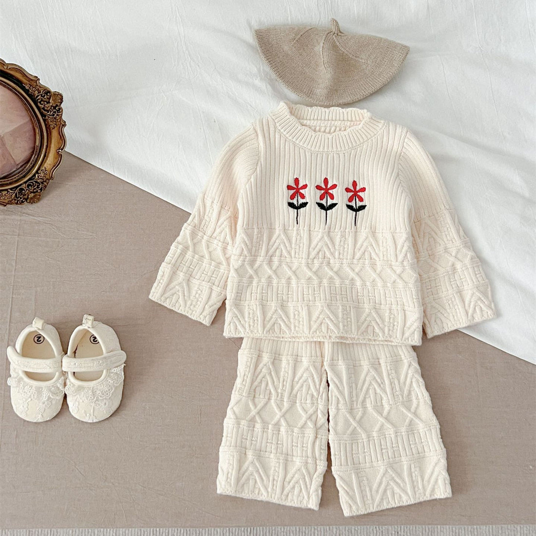 Baby Girl Flower Embroidered Apricot 2 Pieces Set