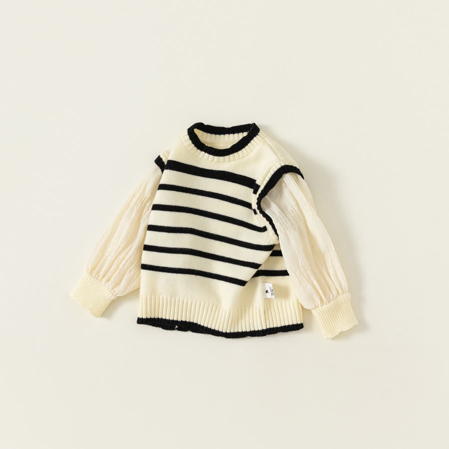 Toddler Striped Fake 2 Pieces Puff Sleeves Sweater