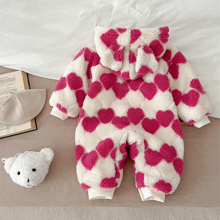 Baby Girl Hooded Fleece Heart Romper