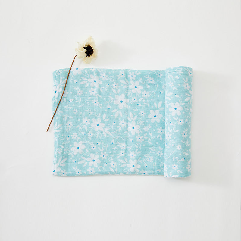 Blue Flower Muslin Baby Swaddle Blanket