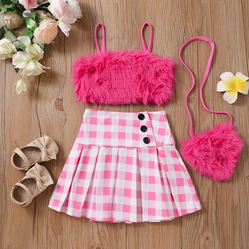 Toddler Girl Plush Camisole Plaid Skirt with Bag