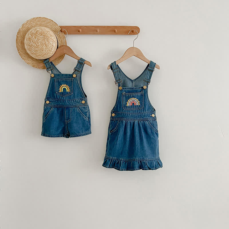 Baby Rainbow Denim Overalls with Sister Dress