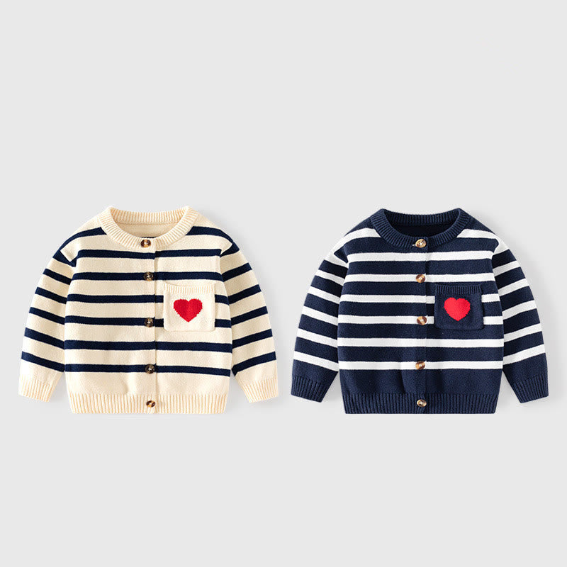 Toddler Button Striped Heart Pocket Cardigan