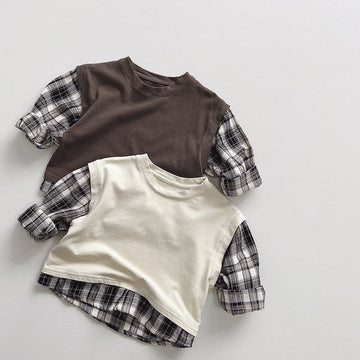 Toddler Plaid Fake 2 Pieces Casual T-shirt