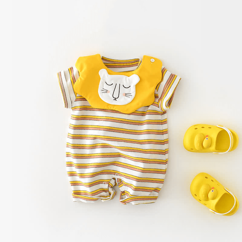 Baby Striped Romper with Lion Bib