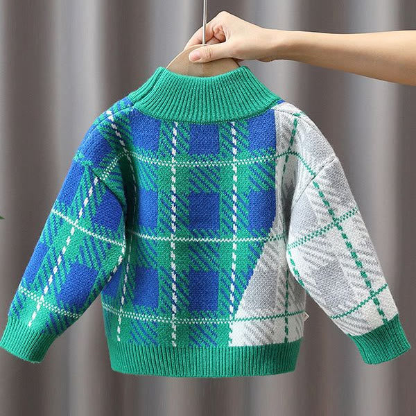 Toddler Green High Collar Plaid Knitted Sweater