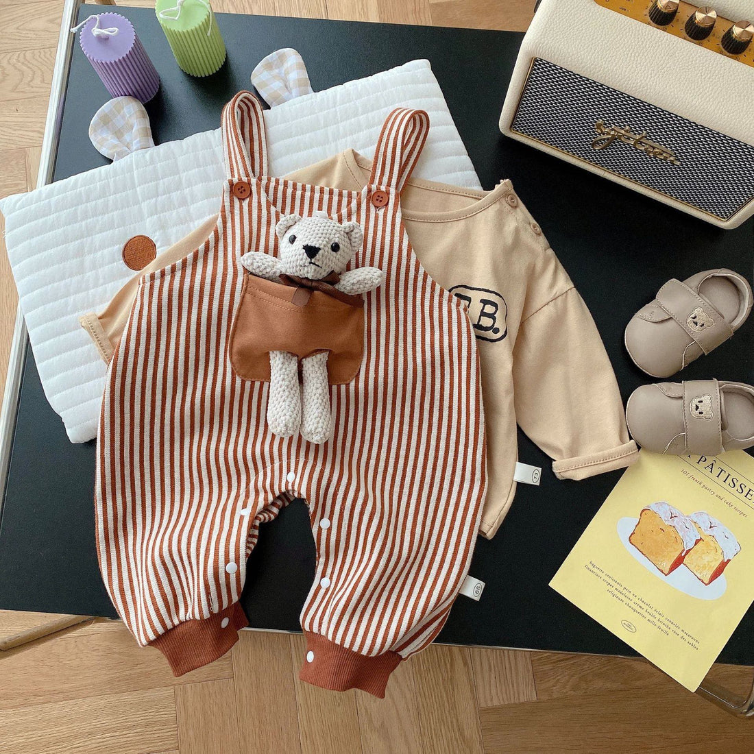 Baby Brown Striped Overalls with Bear Doll