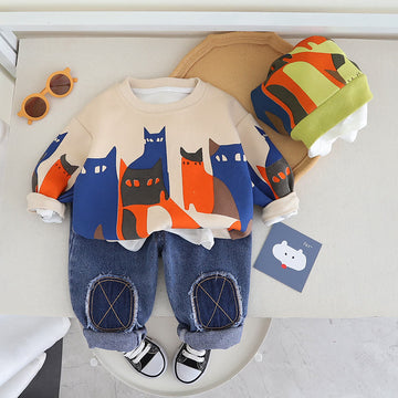 Toddler Color Block Cat Denim Patch 2 Pieces Set