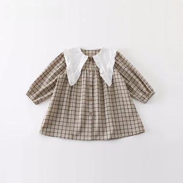 Toddler Girl Retro Plaid Lace Lapel Collar Trim Dress