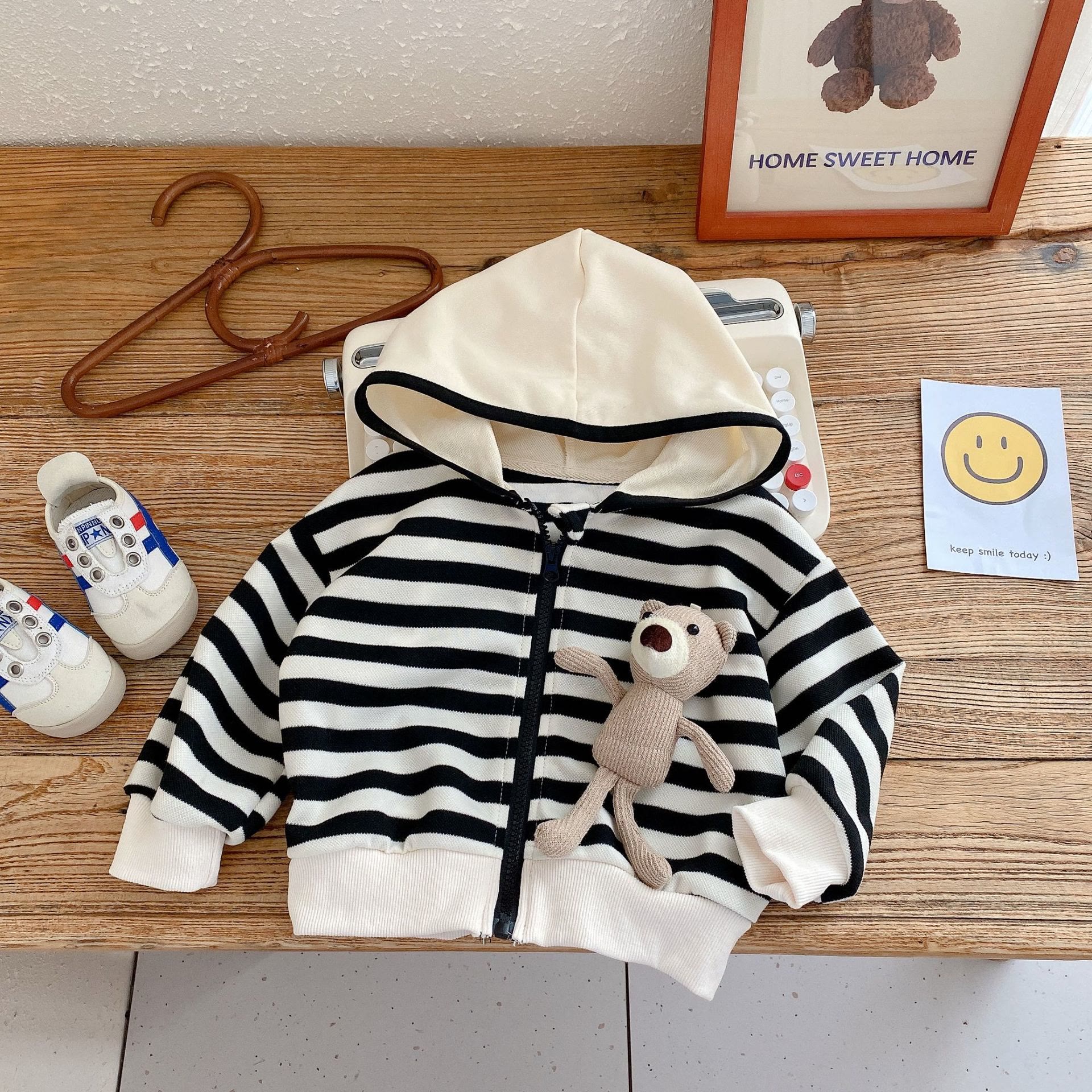 Toddler Striped Hooded Coat with Bear Doll