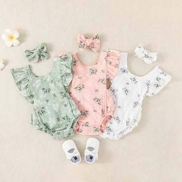 Baby Vintage Flowers Ruffled Trim Bodysuit with Headband