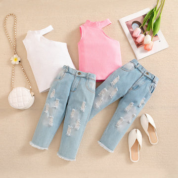 Toddler Girl Off Shoulder Shirt and Jeans Set