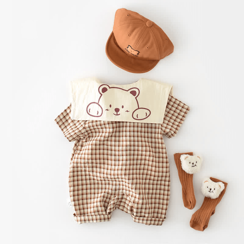 Baby Bear Lapel Collar Plaid Romper