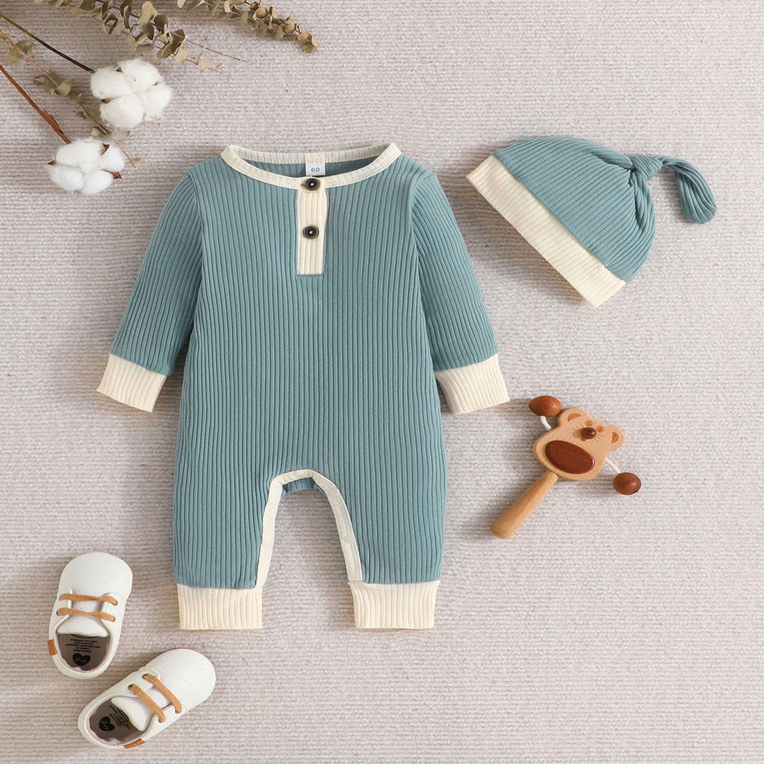 Baby Simple Ribbed Button Romper with Hat