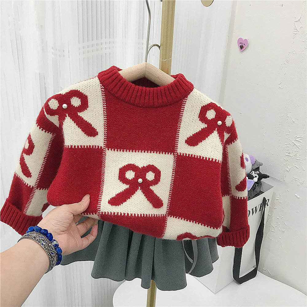 Toddler Girl  Bowknot Red Plaid Knitted Sweater