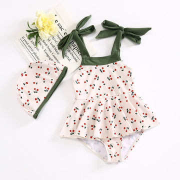 Toddler Girl Cherry Strap Swimsuit with Cap