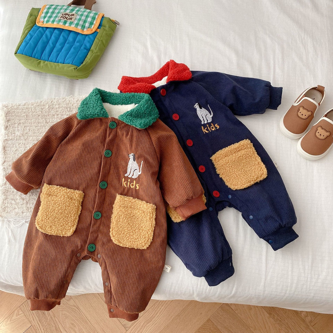 KIDS Baby Polo Dog Fleece Lined Corduroy Romper