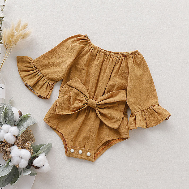 Baby Girls Bow Solid Color Ruffled Sleeve Bodysuit