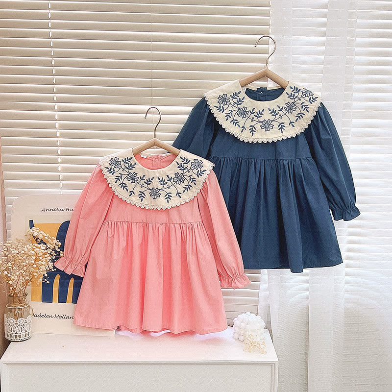 Toddler Girl Vintage Embroidered Flower Lapel Dress