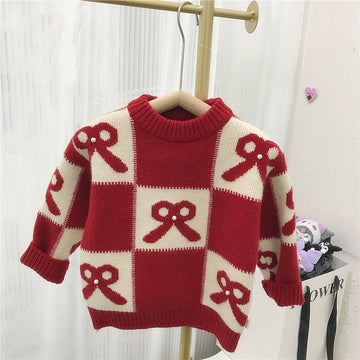 Toddler Girl  Bowknot Red Plaid Knitted Sweater