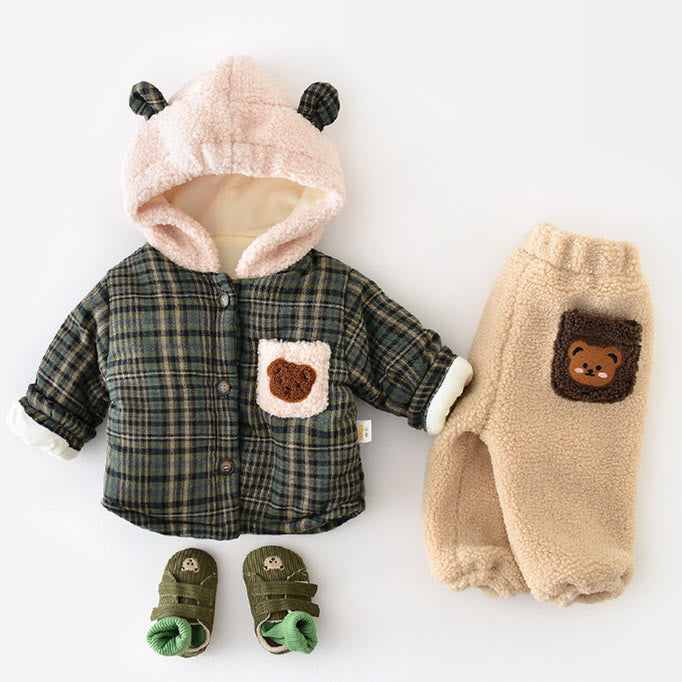 Baby Fleece Plaid Bear Warm Hooded Coat